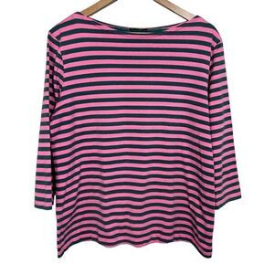 Marimekko Women's Pink and Dk Green Striped Long Sleeve Tee *Runs Small*